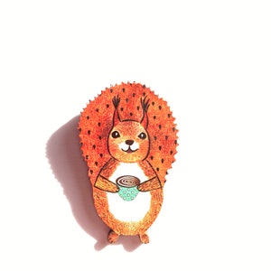 Squirrel Coffee-holic Wooden Pin Brooch -  Coffee Addict Gift - Squirrel Friend Jewelry - Red Squirrel Cute Pin - Lightweight Broach