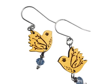 Tiny Yellow Bird Dangling Earrings, Lightweight Wooden earrings, Bird Lover Gift