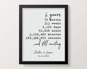 6 Year Anniversary Gift for Wife | Girlfriend Gift | Gift for Husband | Calendar Print | 6 Years Together | Months Days Years Seconds