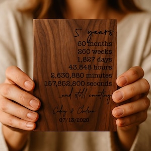 Personalized 5, 5th, Five Year Anniversary Gift for Wife Husband | Wood Card Walnut Greeting Card | Bespoke Anniversary Card | Months Days