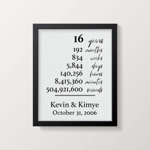 16 Years Together | 16th Anniversary Gift for Husband Wife | Days Hours Minutes Seconds | Personalized Print Cotton Fabric