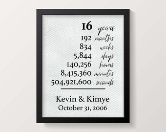 16 Years Together | 16th Anniversary Gift for Husband Wife | Days Hours Minutes Seconds | Personalized Print Cotton Fabric