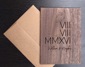 Personalized 5, 5th, Five Year Anniversary Gift for Wife Husband | Wood Card Walnut Greeting Card | Bespoke Anniversary Card | Roman numeral