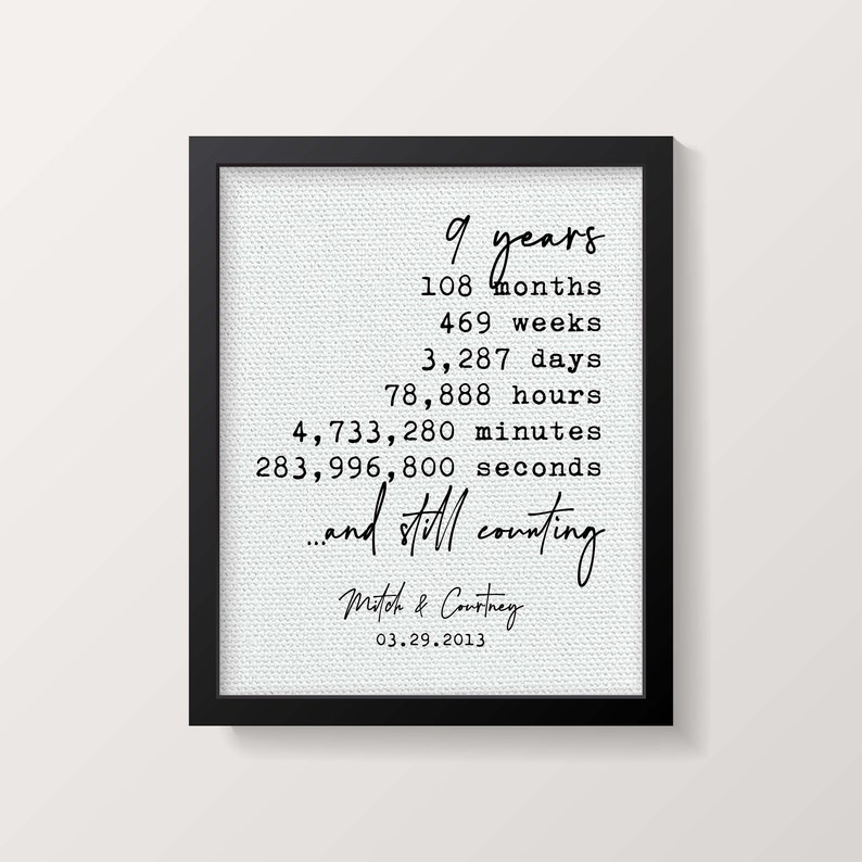 Personalized 9th Anniversary Gift for Her 9th Anniversary Gift for Him 9 Years Together Weeks Days Hours Cotton Fabric Print image 1