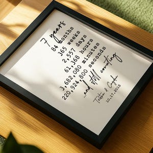 7th Anniversary Gift for Wife | 7 Year Anniversary Gift for Husband | Personalized Anniversary Calendar Art | Months Days Hour