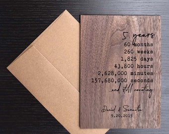 Personalized 5, 5th, Five Year Anniversary Gift for Wife Husband | Wood Card Walnut Greeting Card | Bespoke Anniversary Card | Months Days