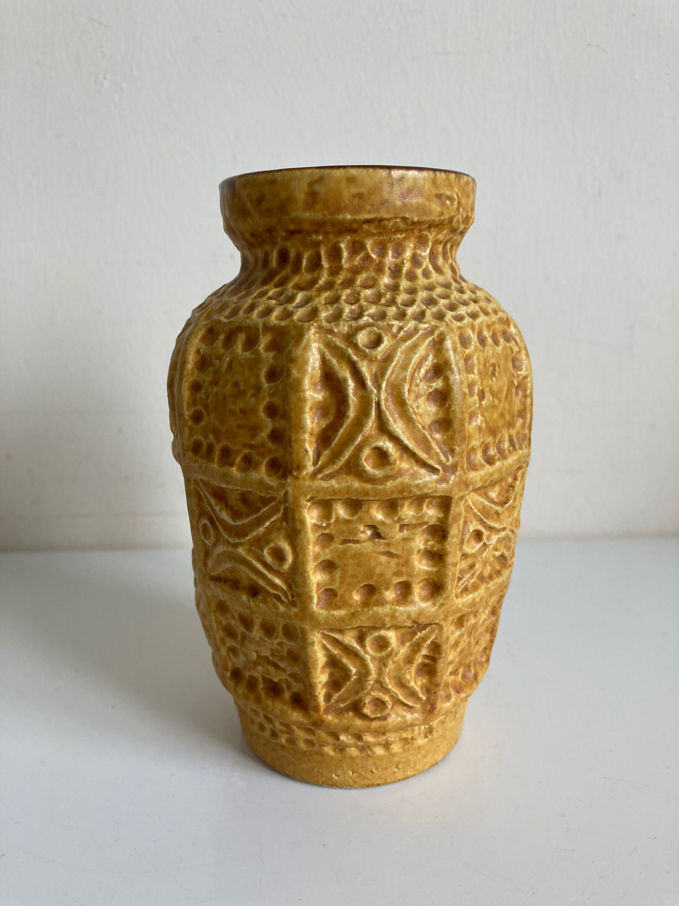 Retro Ochre Vase with Raised Abstract Decor by Bay Keramik Etsy