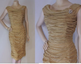 Ultimate 1950s gold lurex fully draped pinup wiggle dress Bust 36-37" Showstopper!