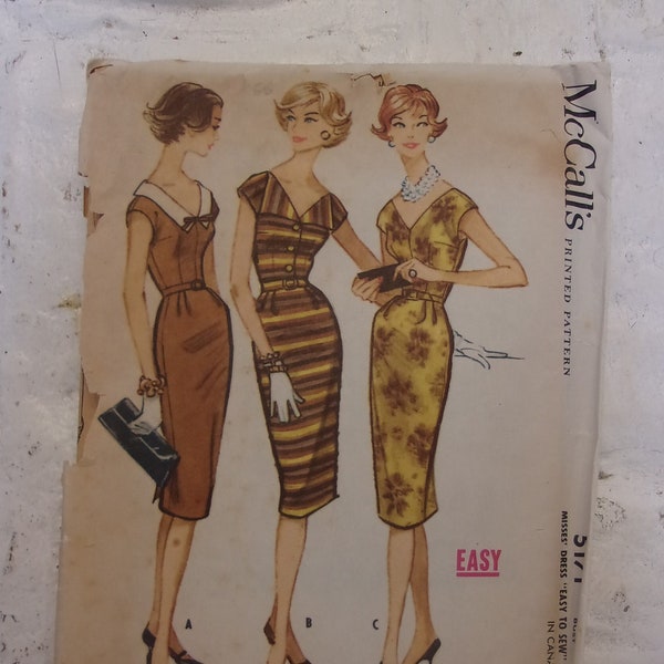 Fab 1959 wiggle dress pattern w/ V-neck collar options Bust 34" Original Paper Pattern