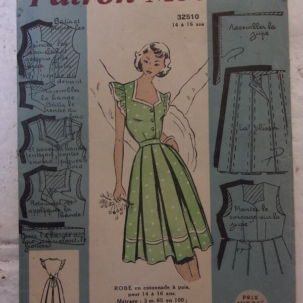 Darling 1940s teen girl's French day dress pattern Sweet pinafore style,  bust approx. 32" Original Paper Pattern
