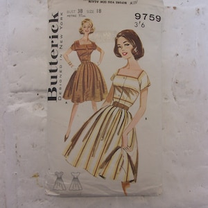 Great 1950s full skirted dress pattern w/ square neckline, collar option Bust 38" Original Paper Pattern