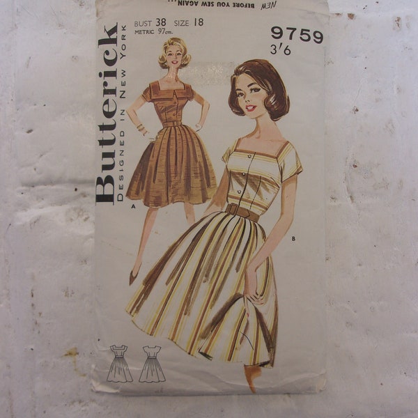 Great 1950s full skirted dress pattern w/ square neckline, collar option Bust 38" Original Paper Pattern