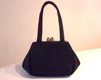 Chic 1940s navy blue corde handbag w/great pattern Small Size