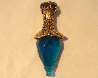 Fabulous 1980s Kalinger torch/ dagger brooch, gorgeous blue stones