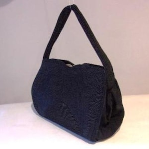 Swank little 1940s black corde handbag w/fab shape, small size