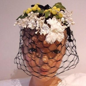 Darling 1950s fascinator w/berries and blossoms on wide scale black net One Size