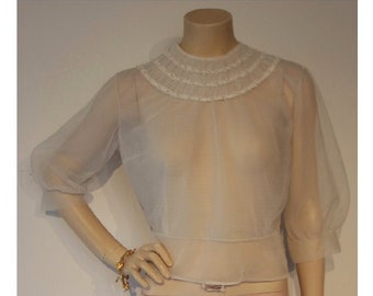Gorgeous 1950s nylon sheer fitted blouse w/fabulous neckline Bust 40" pinup