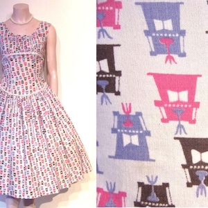 Adorable 1950s novelty piano print full skirted cotton day dress Waist 24&quot; petite Teena Paige