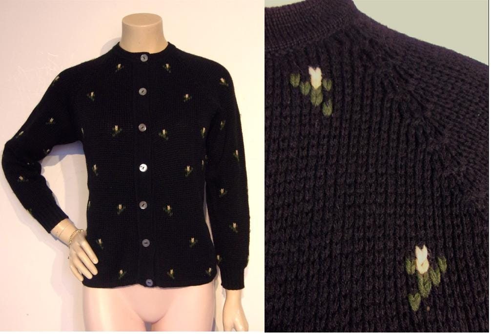 Adorable Early 1960s Black Wool Cardigan W/rosebuds Bust 36 Adorable Early 1960s Black Wool Cardigan W/rosebuds Bust 36