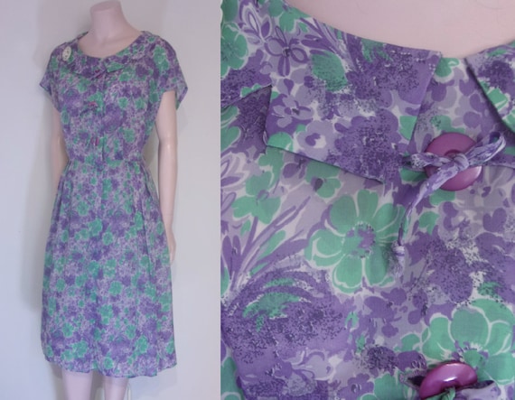 Lovely 1950s sheer print day dress volup waist 34"