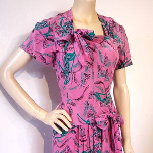 Incredible 1940s novelty print rayon dress w/surreal deer print, gorgeous draping Bust 34/35"