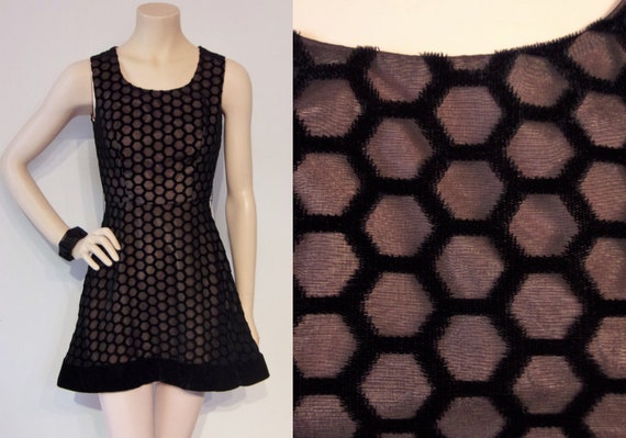 Knockout 1960s illusion velvet micro mini dress w/