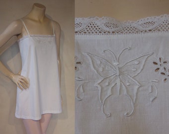 Darling 1920s short cotton slip / chemise w/ Butterfly embroidery Bust 36" -38"