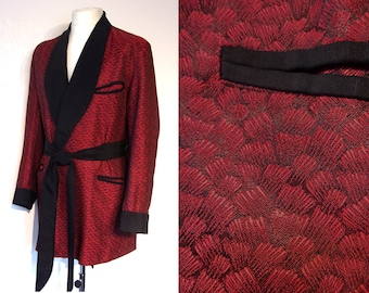 Swank 1950s men's red and black classic belted smoking jacket / robe to fit Chest 42" great woven pattern