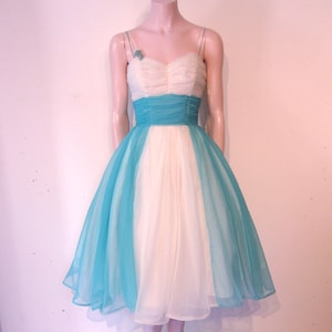 Tiny 1950s colourblock chiffon full skirted party dress Waist 23&quot; Fabulous!
