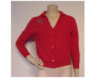 Fab 1950s Lippenstift rote Angora taillierte Strickjacke 92-98 cm