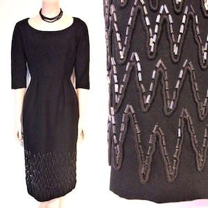 Sleek late 1950s wiggle cocktail dress w/fantastic beaded skirt Waist 25"- 25 1/2" gorgeous design