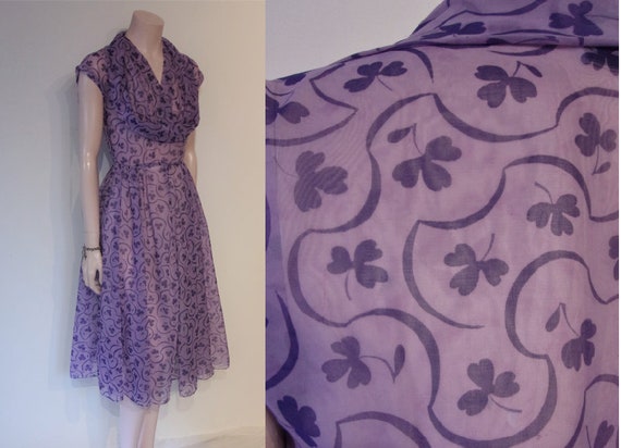 Lovely 1950s sheer print nylon fit and flare dress waist 28 midcentury floral print