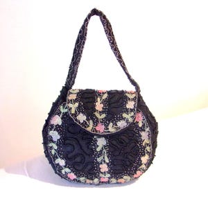 Wonderful 1920s 1930s black beaded cocktail bag w/colourful embroidery Small size