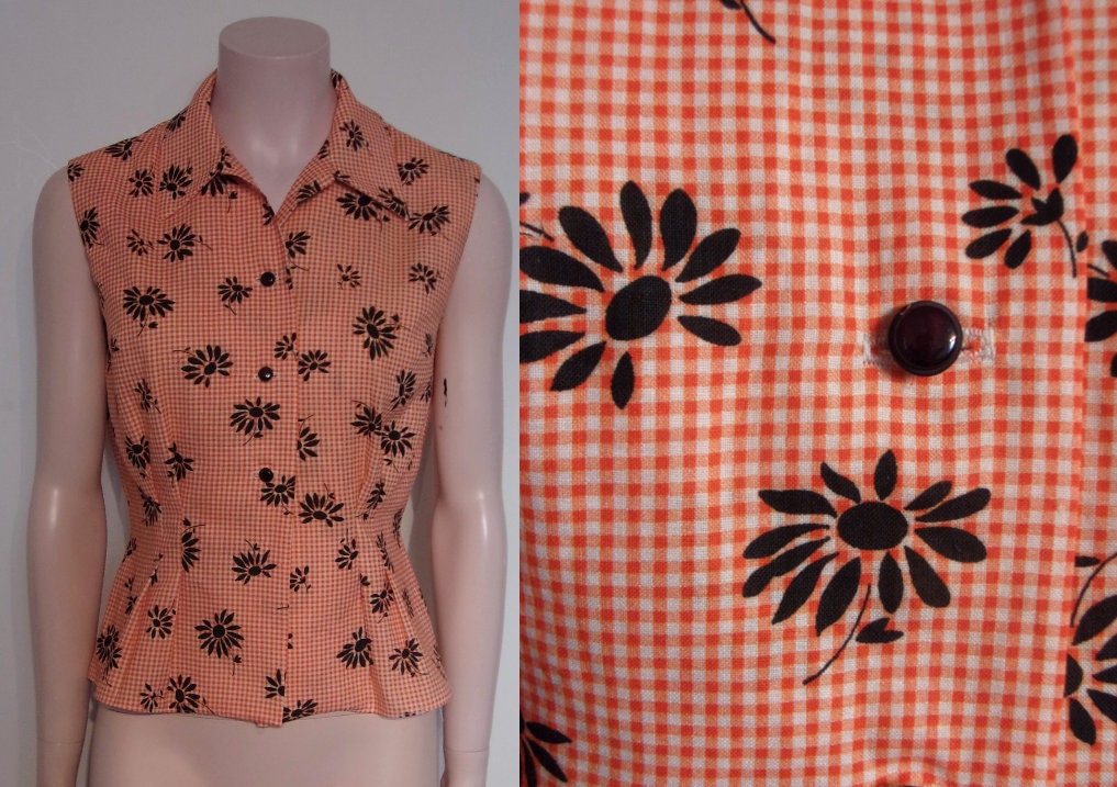Image of Adorable S Repro Gingham Print Fitted Blouse Bust " - " Vintage Fabric, Pattern