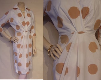 Coolest 1950s cotton draped and tailored oversized dot day dress Waist 26" Ultra chic
