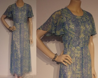 Superfly early 1970s snakeskin print maxi dress w/lurex bodice, butterfly sleeves Waist 25 1/2"