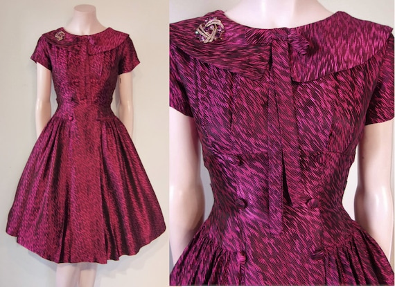 Fab 1950s fit and flare woven pattern full skirted cocktail dress waist 24 rockabilly