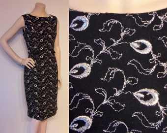 Great 1950s black wool w/silver lurex embroidery cocktail wiggle dress waist 31" Blanes