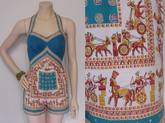 Knockout 1950s novelty print cotton playsuit w/anc
