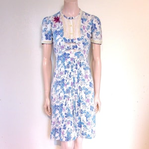 Adorable 1940s teen&#39;s cotton print day dress w/bows Bust 32&quot; Waist 28&quot; XS ladies&#39;