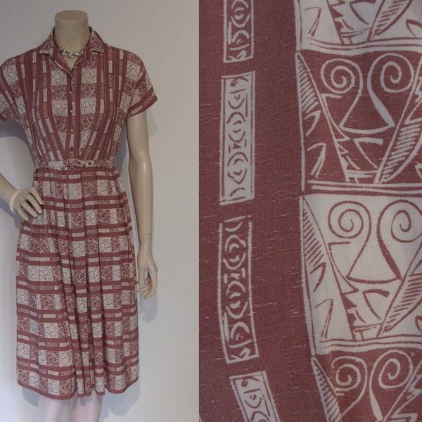 Fantastic late 1940s rayon print day dress, great modernistic print Waist 26" Petite/ short