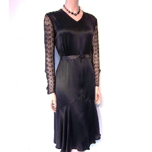 Devastating 1930s cocktail dress w/lace sleeves, great skirt Bust 36&quot;-37&quot; Wounded but Wow
