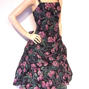 Fabulous late 1950s print cocktail dress w/spectacular hip draping Bust 38&quot; Waist 31&quot;