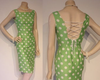 Devastating 1950s polka dot cotton wiggle dress w/ low back and lacing Bust 33" petite Pinup Perfection