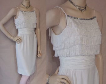 Showstopper 1950s white wiggle dress w/fringe bodice, rhinestones waist 23 1/2" XS pinup perfection