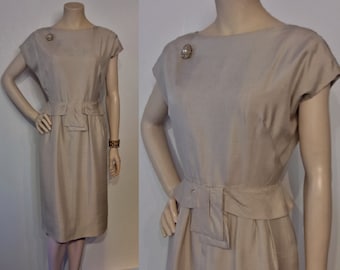 Superb 1950s silk wiggle dress w/draped waist detail, waist 26" exquisite quality Cresta Couture