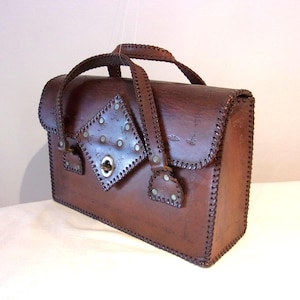 Fun vintage tooled leather bag w/stud trim Medium/ Large size