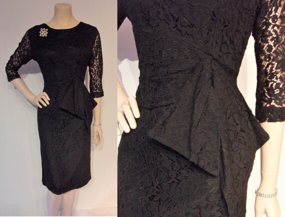 Gorgeous 1950s black lace wiggle cocktail dress w/huge hip | Etsy