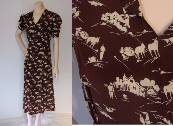 Ultimate 1930s silk novelty print day dress w/ far