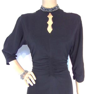 Spectacular 1940 rayon cocktail dress w/cutout beaded neckline, tail swags Bust 36&quot; waist 29&quot;